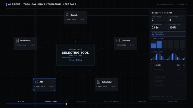 A dark enterprise AI agent dashboard showcasing an autonomous agent selecting and executing various tools within a geometric interface design. professional stock footage for technology, business, and.