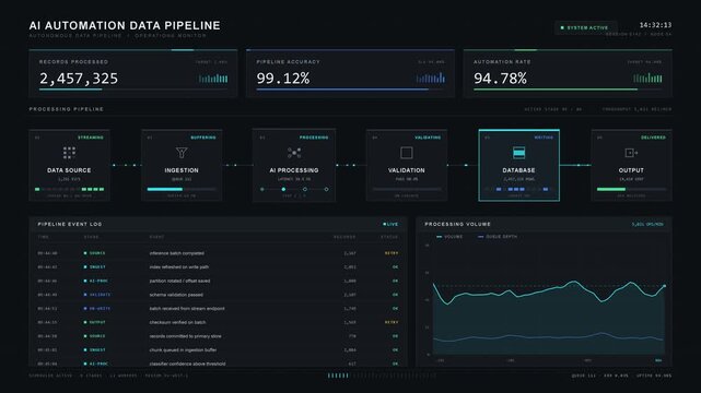 A sophisticated dark-mode AI automation dashboard visualizes the flow of data through an autonomous pipeline with real-time metrics and animated modules for efficient processing.