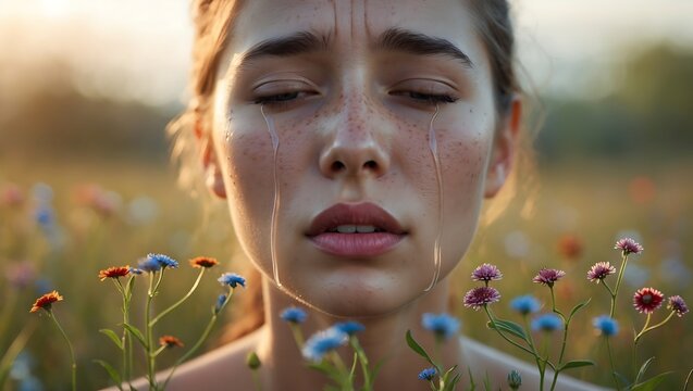Emotional young woman crying in a wildflower field during golden hour sunset with portrait melancholy heartbreak