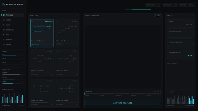 Explore a dark SaaS interface showcasing a no-code automation template library with detailed workflow previews for various AI tasks and automation solutions.