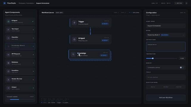 A sophisticated dark interface for a no-code AI agent builder, featuring a drag-and-drop workflow canvas and a library of automation components for seamless visual programming.