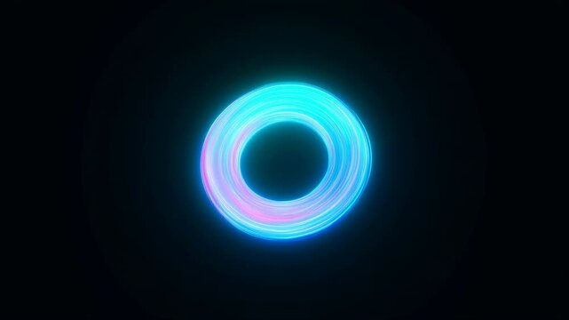 Luminous neon torus ring glowing with evolving brightness and intensified cyan halo against deep black background, centered composition with futuristic abstract energy