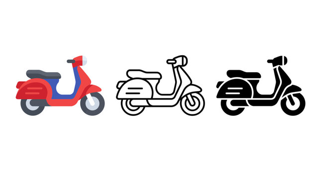 Classic motor scooter vector icon set featuring colored outline and solid black silhouette styles isolated on a clean white background