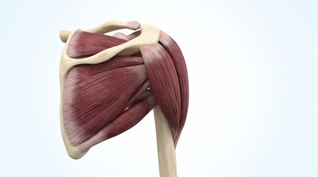 Human shoulder anatomy showing muscles, bones, and joints in a detailed 3D medical illustration