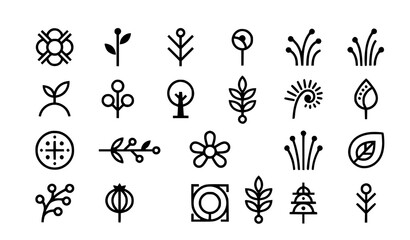 Naklejka premium Abstract Nature Botanical Pictogram Vector Set with Two Shape Flower Leaf and Plant Icons