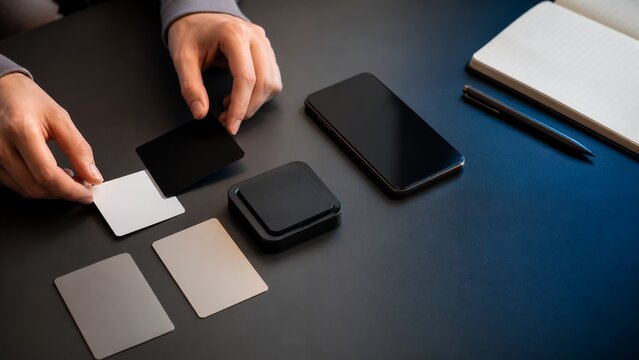 Blank payment cards and card reader on fintech desk