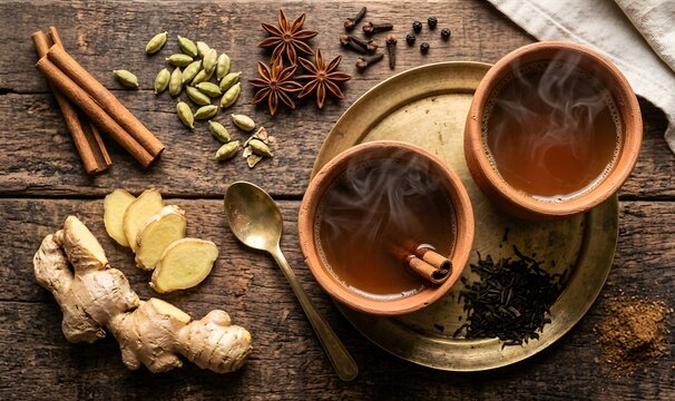 Traditional Indian Masala Chai in Clay Kulhad Cups with Whole Raw Spices Flat Lay
