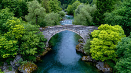 Fototapeta premium Historic stone bridge gracefully arches over pristine river, nestled within vibrant, lush forest of green trees. tranquil natural landscape evokes feelings of peace, serenity, and timeless beauty