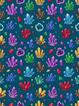 Seamless pattern of vibrant crystal clusters and colorful gemstones
