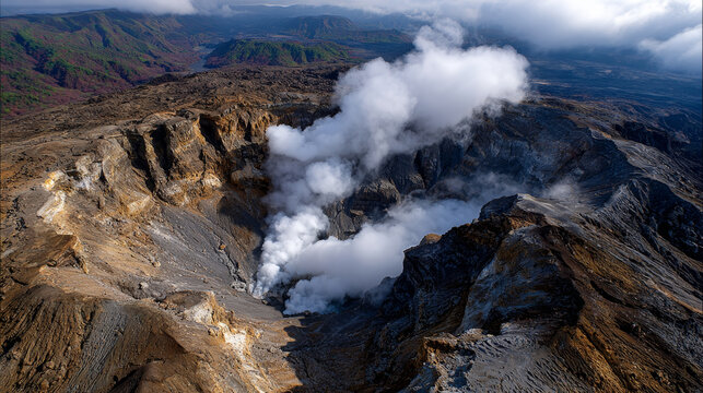 Powerful active volcano crater featuring steaming vents, dramatically emitting smoke and gas. rugged mountain landscape reveals raw geothermal activity, breathtaking natural wonder