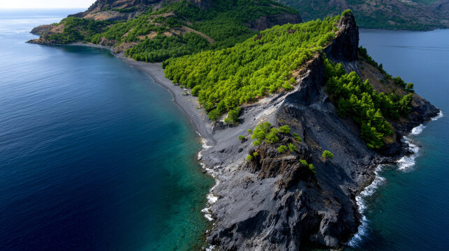 Stunning aerial view captures vibrant volcanic island with lush greenery meeting deep blue ocean water. This serene tropical landscape reveals dramatic rock formations along pristine coastline