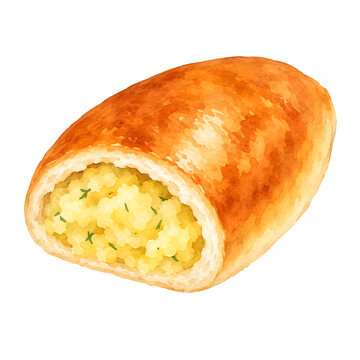 Watercolor pirozhki with mashed potato filling topped with dill leaf isolated on white background