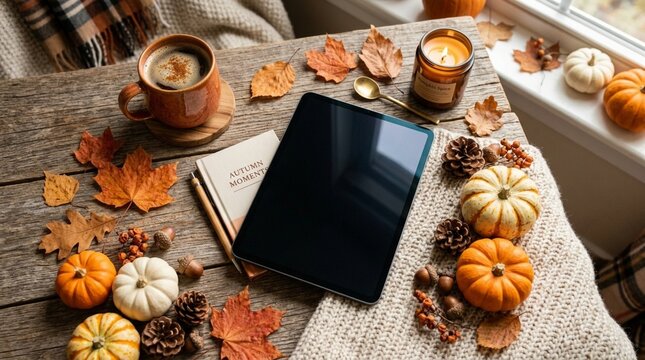 Cozy autumn workspace with a blank tablet screen, warm coffee, pumpkins, and fallen leaves