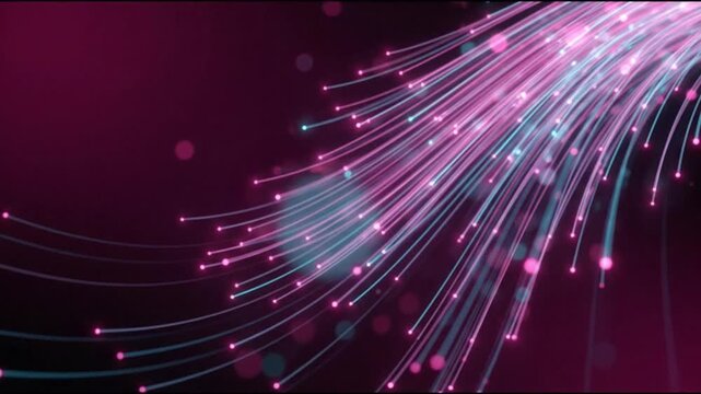 Fiber optic cables with glowing pink and blue light, high speed internet data transmission, abstract telecommunications network background 4k video