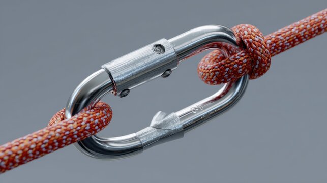 Closeup of silver carabiner clip with red climbing rope knot on gray background