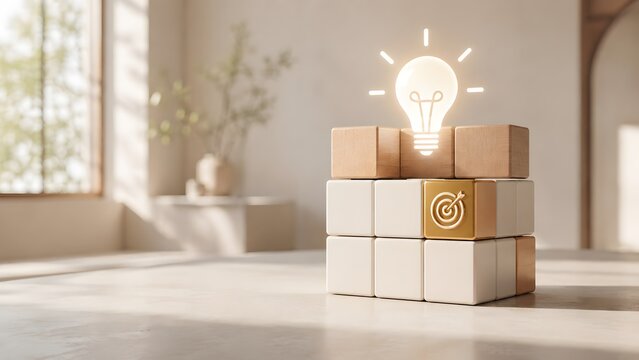 Wooden and white cube structure with glowing lightbulb and golden target icons. Concept of sustainable business strategy, creative problem solving, and eco-friendly innovation.