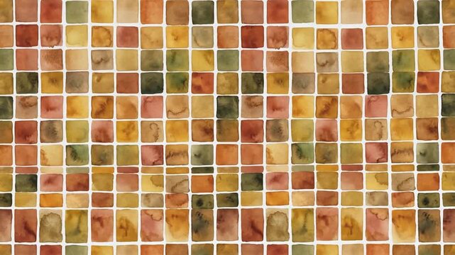 Watercolor mosaic tiles in autumn colors forming a seamless background pattern