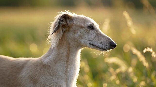 Portrait of a borzoi dog standing in tall grass during golden hour