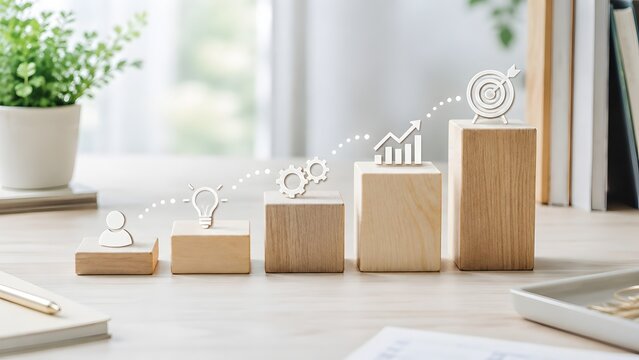 Wooden step blocks with white outline icons of lightbulb gear chart and target. Concept of sustainable business growth strategy, and project management timeline.