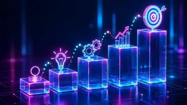 Glowing neon step blocks with lightbulb gear chart and target icons on a dark surface. Concept of cyber business growth strategy, and digital project management timeline.