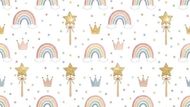 Seamless pastel rainbow and magic wand pattern background with twinkling stars