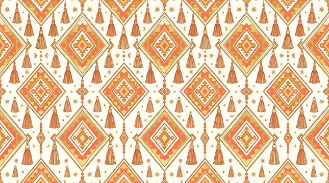Seamless tribal geometric pattern with decorative tassels and diamonds
