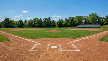 Fototapeta premium A clean, empty baseball field with green grass, a clear blue sky, and trees lining the outfield.