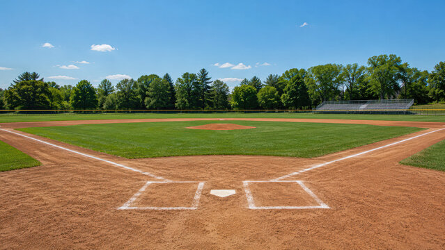 A clean, empty baseball field with green grass, a clear blue sky, and trees lining the outfield.