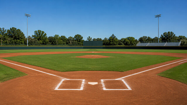 Empty baseball field with clear blue sky, visible home plate, bases, and green outfield surrounded by trees and floodlights.
