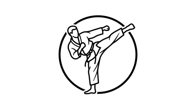 Karate practitioner performs high side kick move inside bold circular emblem vector design on white background