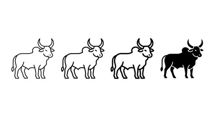 Fototapeta premium Zebu Bull Icons, Outline and Silhouette Vector Set, Sacred Cattle Graphics