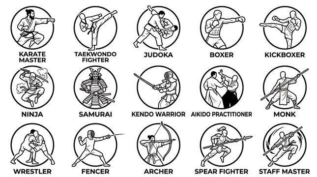 Black and white line art martial arts icons collection showcasing various skilled combat fighters on white background