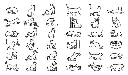 Obraz premium Black and white domestic cat outline icon set featuring cats in various poses, movements, activities and playful positions