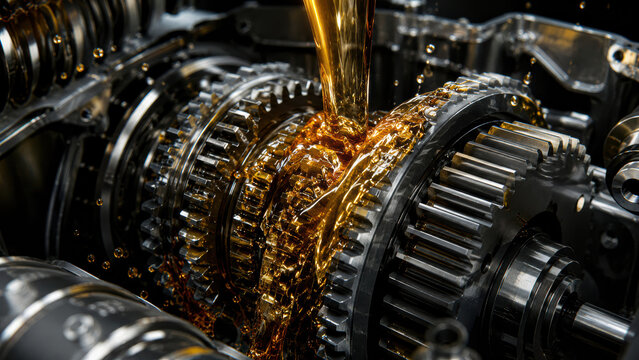 Close-up of engine gears being lubricated with oil, highlighting mechanical components and fluid motion in a metallic industrial setting.