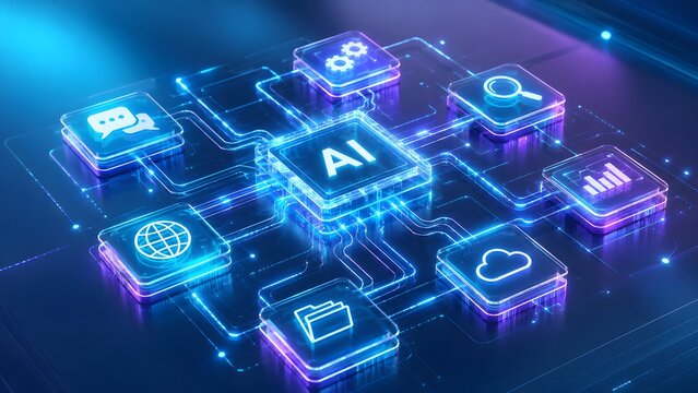 Glowing neon artificial intelligence hub connected to glass technology icons. Concept of cyber security network, digital software integration, and data processing.