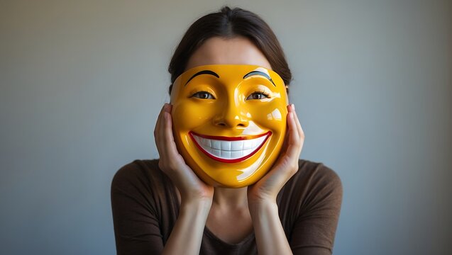 Person holding a yellow smiley face mask over their head with portrait expression disguise anonymity cheerful