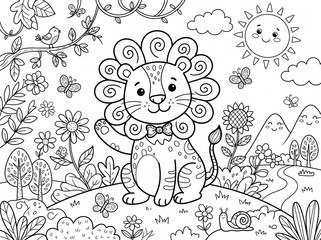 Naklejka premium Cute Lion Coloring Page for Kids Black and White Line Art Illustration Jungle Animal Vector Outline Activity Worksheet