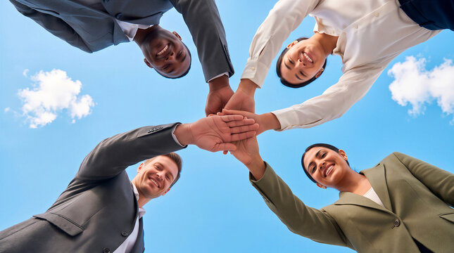 Low angle view of diverse corporate colleagues stacking hands together outdoors under a blue sky