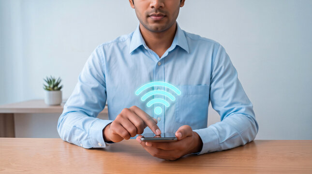 Man at desk using mobile phone with glowing neon wifi symbol. Wireless internet connection and network technology concept