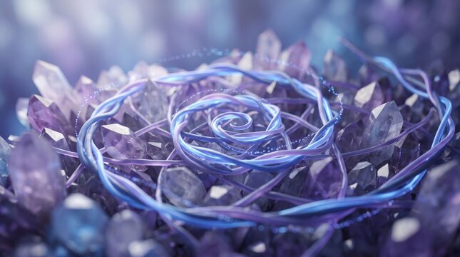 Glowing blue and purple energy spiral floating over a cluster of translucent amethyst crystals