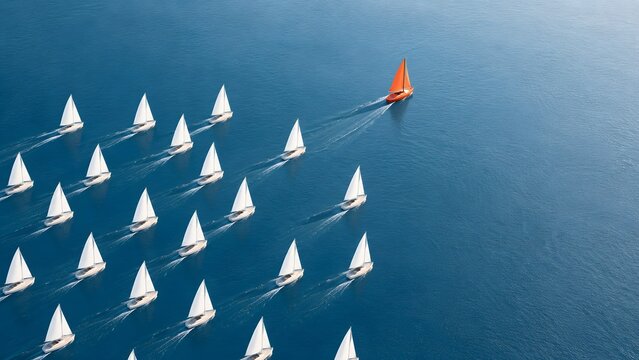 Orange sailboat leading a fleet of white sailboats on the ocean. Concept of bold corporate leadership, visionary business strategy, and competitive advantage.