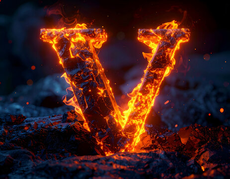 Fiery Letter V Ignited with Intense Flames and Glowing Embers.