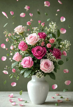 Beautiful bouquet of pink roses and baby breath flowers in a white vase with floating petals