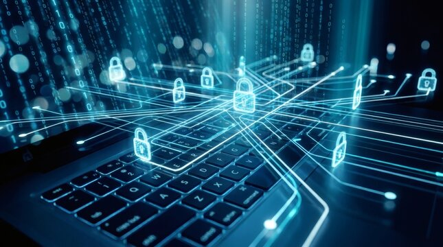 Cybersecurity network with glowing padlocks and digital code over a laptop keyboard