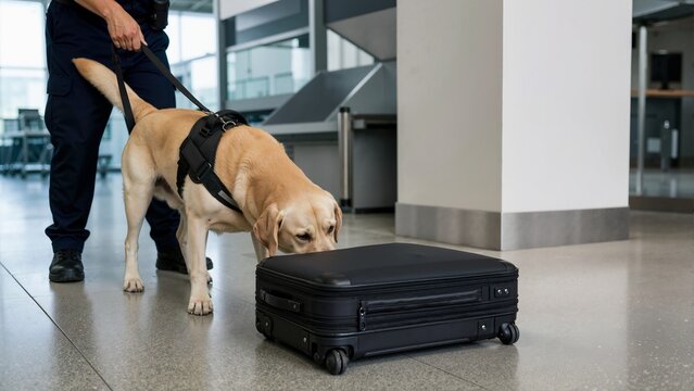 Security detection dog sniffing a black suitcase in an airport terminal. K9 unit and officer inspecting passenger luggage for contraband