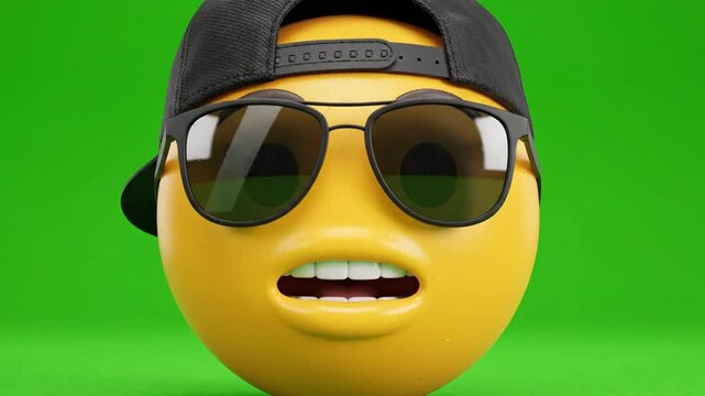 Cool Yellow Emoji Wearing Backward Cap and Sunglasses on Green Screen. 4K Video