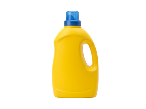 Yellow plastic bottle of laundry detergent or cleaning liquid isolated on transparent background