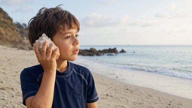 Young boy holding a conch shell to his ear on a sandy beach. Child listening to the sound of the ocean. Summer vacation and seaside exploration concept