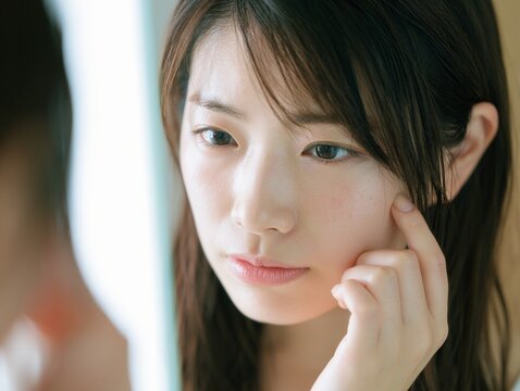鏡に映る自分の顔を見つめ、頬の弾力や肌荒れを気にかける女性
