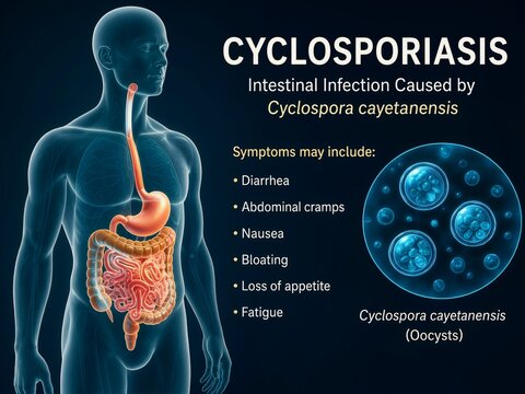Medical infographic explaining cyclosporiasis intestinal infection and symptoms. Diagram showing human digestive system anatomy and microscopic Cyclospora cayetanensis oocysts